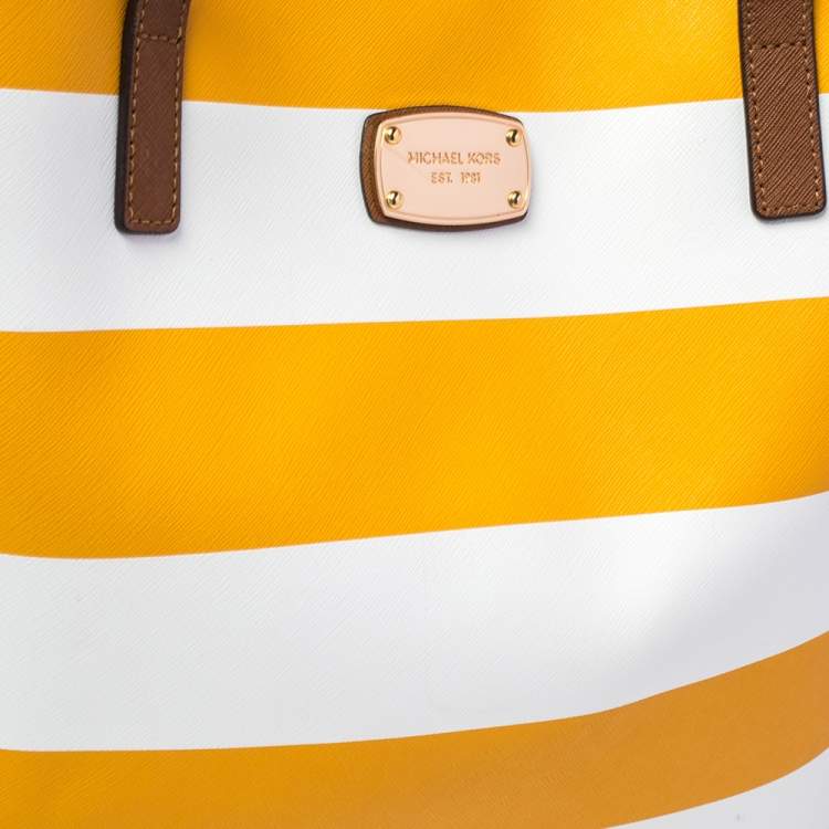 Pre Owned MICHAEL Michael Kors Yellow/White Striped Leather Medium Jet Set Travel Tote