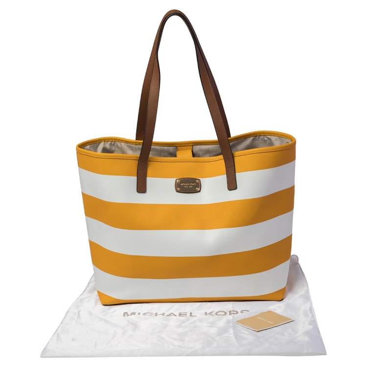 Pre Owned MICHAEL Michael Kors Yellow/White Striped Leather Medium Jet Set Travel Tote