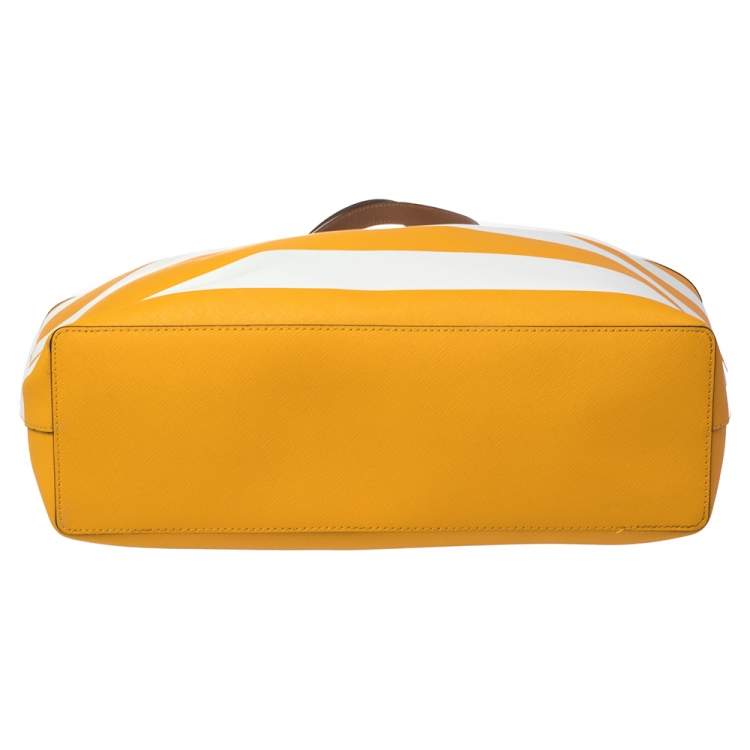 Pre Owned MICHAEL Michael Kors Yellow/White Striped Leather Medium Jet Set Travel Tote