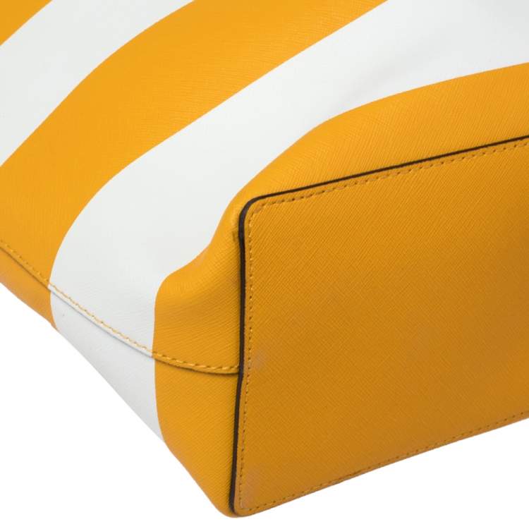Pre Owned MICHAEL Michael Kors Yellow/White Striped Leather Medium Jet Set Travel Tote