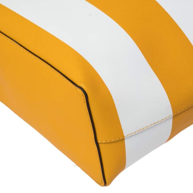 Pre Owned MICHAEL Michael Kors Yellow/White Striped Leather Medium Jet Set Travel Tote