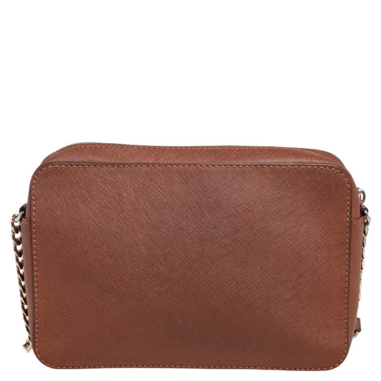 Pre Owned Michael Kors Brown Saffiano Leather Jet Set Camera Crossbody Bag