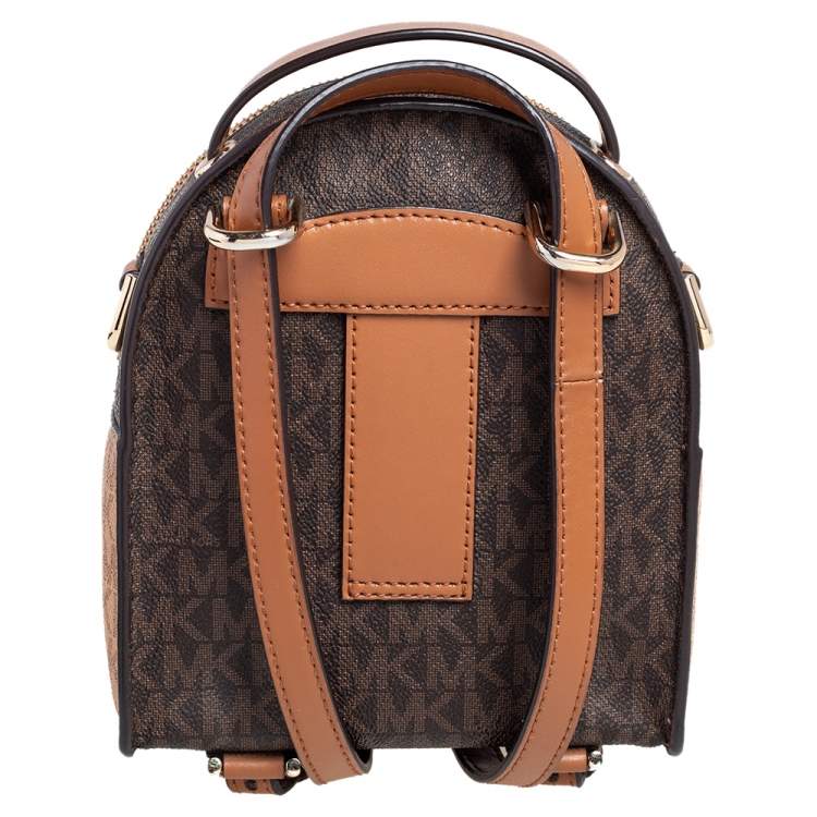 Pre Owned Michael Kors Brown/Tan Signature Coated Canvas and Leather Jessa Small Convertible Backpack