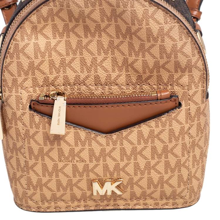 Pre Owned Michael Kors Brown/Tan Signature Coated Canvas and Leather Jessa Small Convertible Backpack