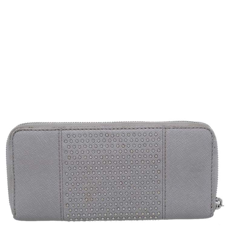 Pre Owned Michael Kors Grey Saffiano Leather Micro Stud Travel Zip Around Wallet