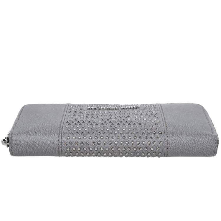 Pre Owned Michael Kors Grey Saffiano Leather Micro Stud Travel Zip Around Wallet