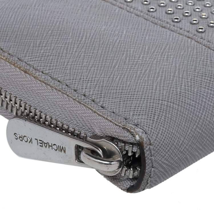 Pre Owned Michael Kors Grey Saffiano Leather Micro Stud Travel Zip Around Wallet