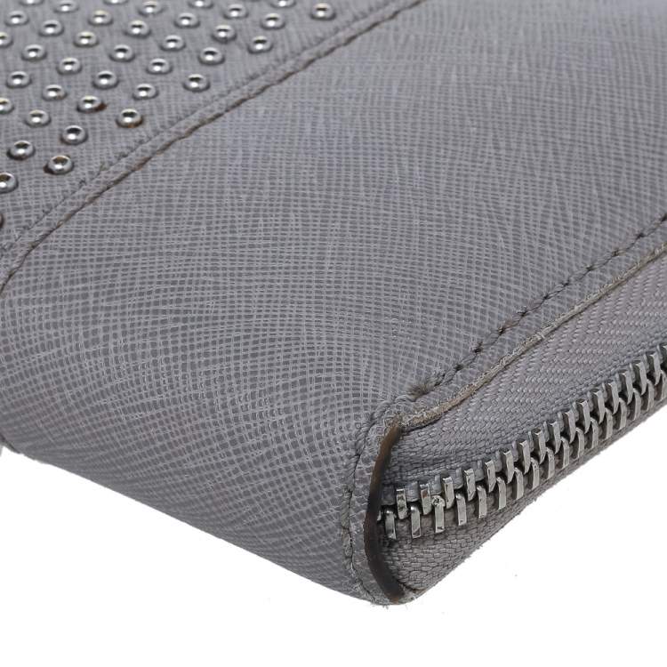Pre Owned Michael Kors Grey Saffiano Leather Micro Stud Travel Zip Around Wallet