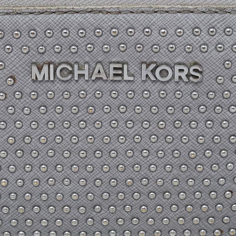 Pre Owned Michael Kors Grey Saffiano Leather Micro Stud Travel Zip Around Wallet