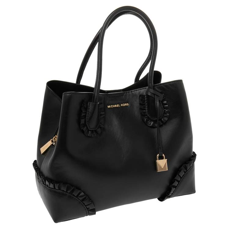 Pre Owned Michael Kors Black Ruffled Leather Medium Mercer Gallery Tote