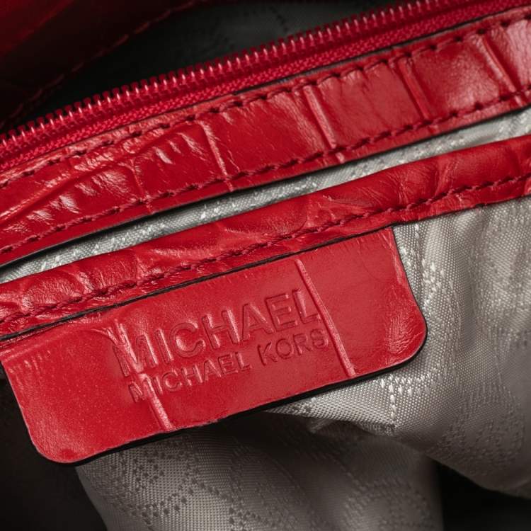 Pre Owned Michael Michael Kors Red Croc Embossed Leather Dillon Tote