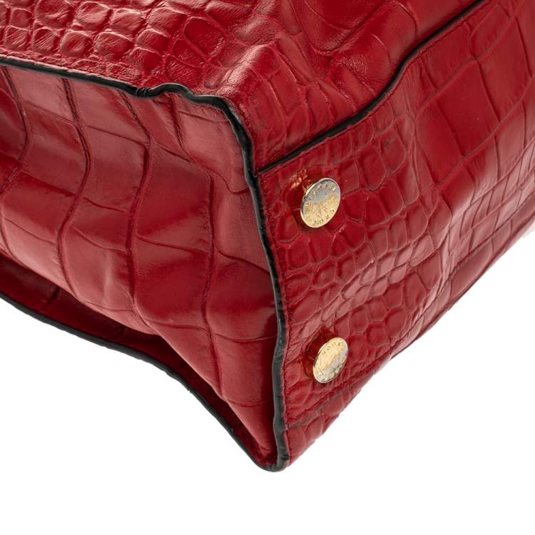 Pre Owned Michael Michael Kors Red Croc Embossed Leather Dillon Tote