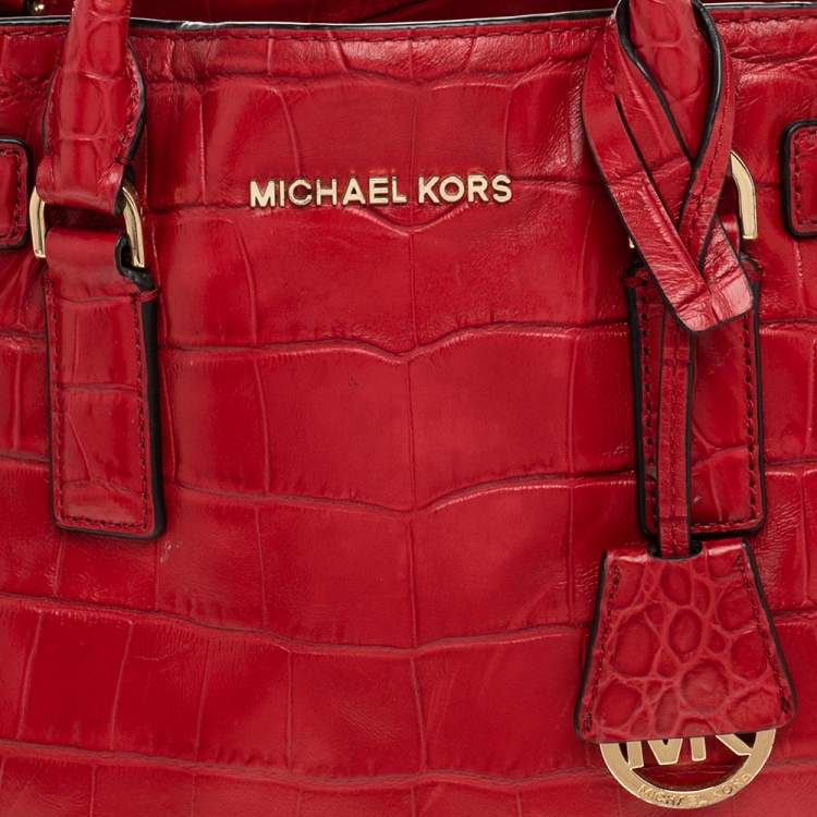 Pre Owned Michael Michael Kors Red Croc Embossed Leather Dillon Tote