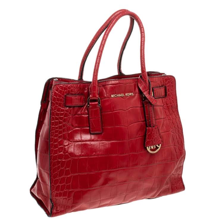 Pre Owned Michael Michael Kors Red Croc Embossed Leather Dillon Tote