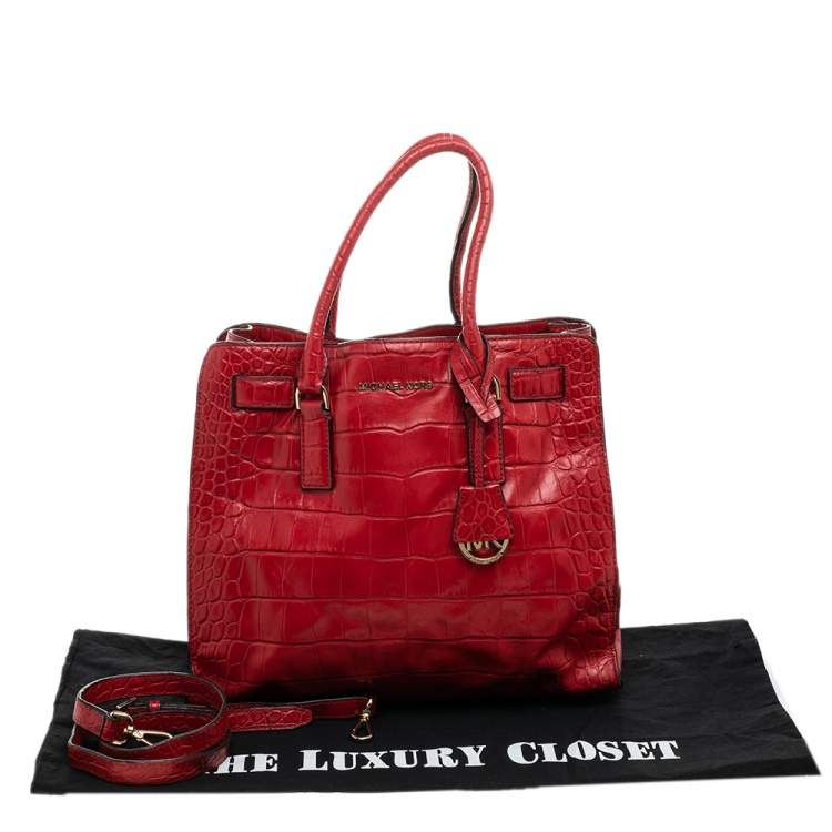 Pre Owned Michael Michael Kors Red Croc Embossed Leather Dillon Tote