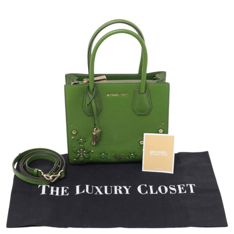 Pre Owned Michael Kors Green Floral Embellished Leather Small Mercer Tote