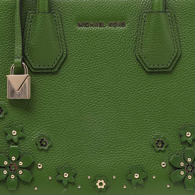 Pre Owned Michael Kors Green Floral Embellished Leather Small Mercer Tote