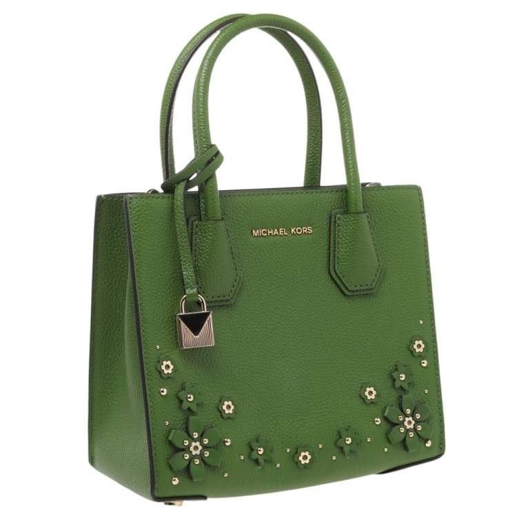 Pre Owned Michael Kors Green Floral Embellished Leather Small Mercer Tote