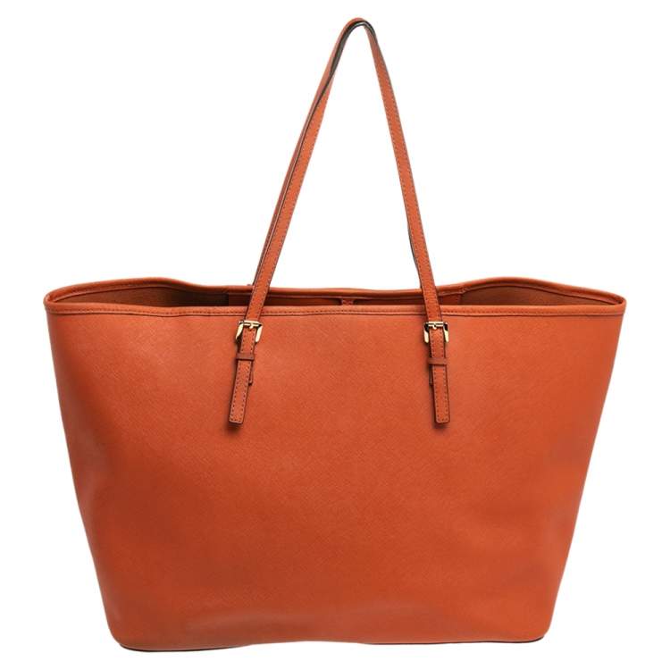 Pre Owned Michael Kors Orange Leather Large Jet Set Travel Tote