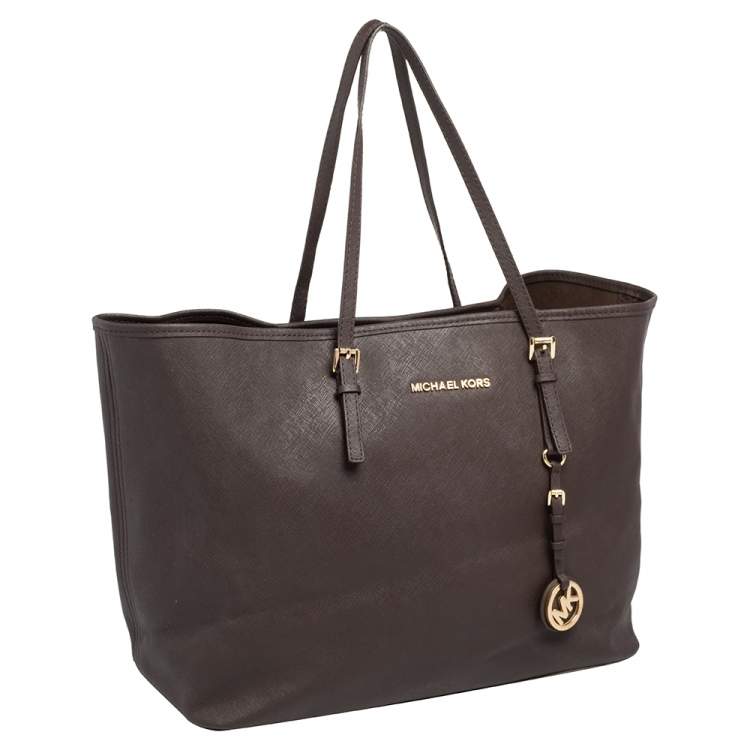 Pre Owned Michael Kors Dark Brown Leather Large Jet Set Travel Tote