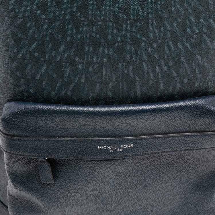 Pre Owned Michael Kors Navy Blue Leather And Signature Coated Canvas Russel Backpack