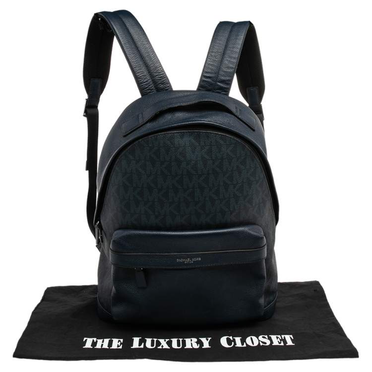 Pre Owned Michael Kors Navy Blue Leather And Signature Coated Canvas Russel Backpack