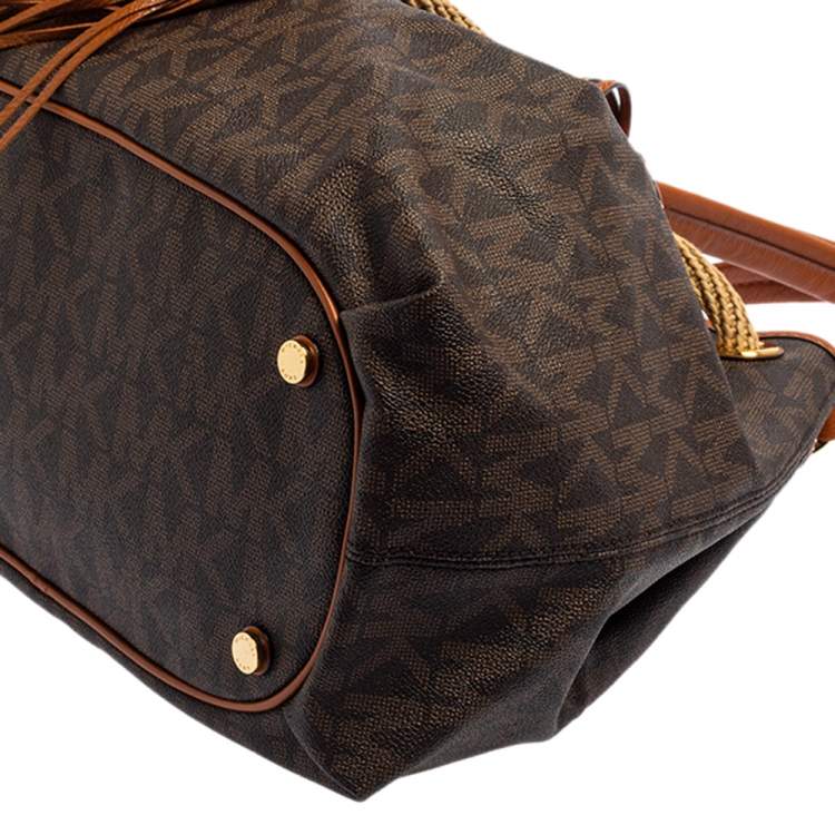 Pre Owned MICHAEL Michael Kors Brown/Tan Signature Coated Canvas and Leather Marina Drawstring Tote