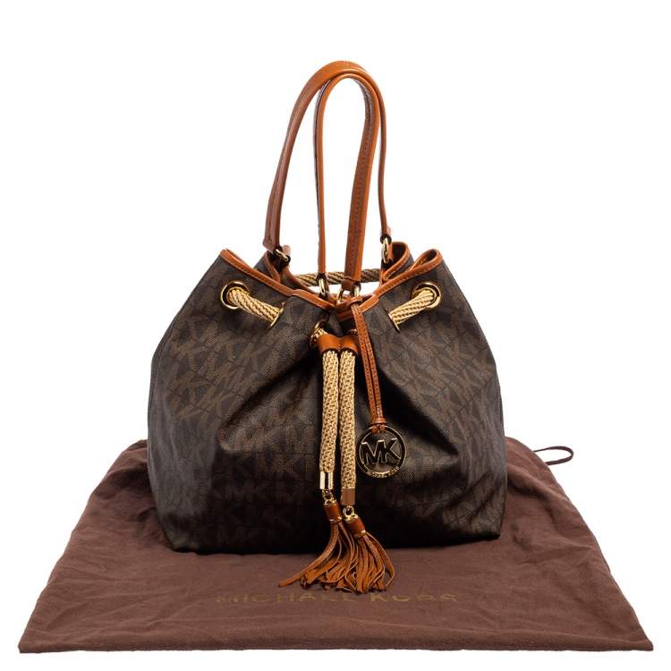 Pre Owned MICHAEL Michael Kors Brown/Tan Signature Coated Canvas and Leather Marina Drawstring Tote