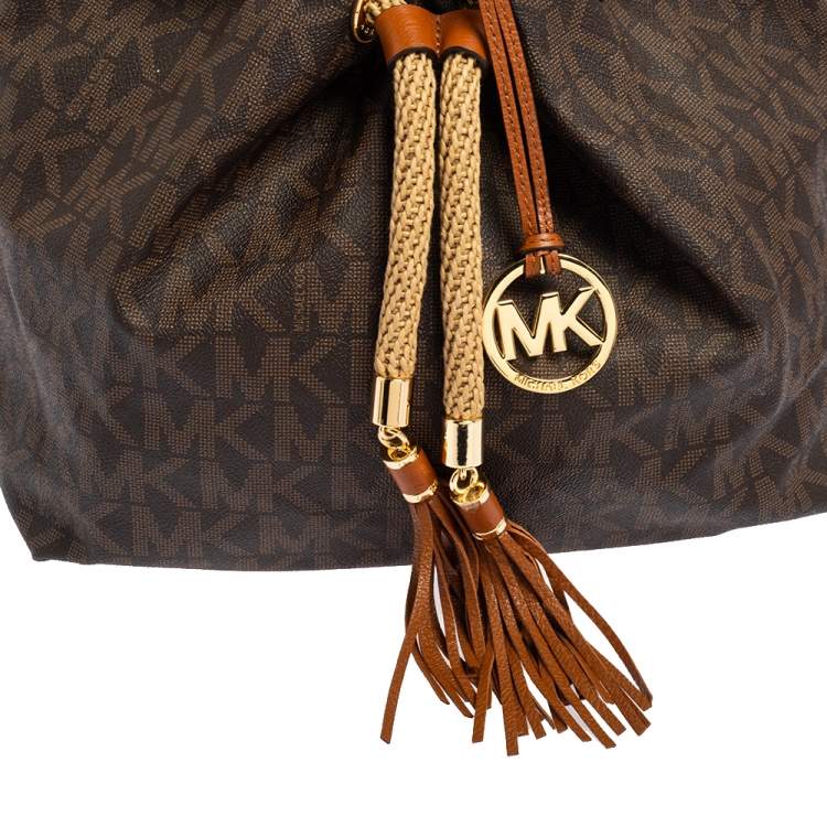 Pre Owned MICHAEL Michael Kors Brown/Tan Signature Coated Canvas and Leather Marina Drawstring Tote
