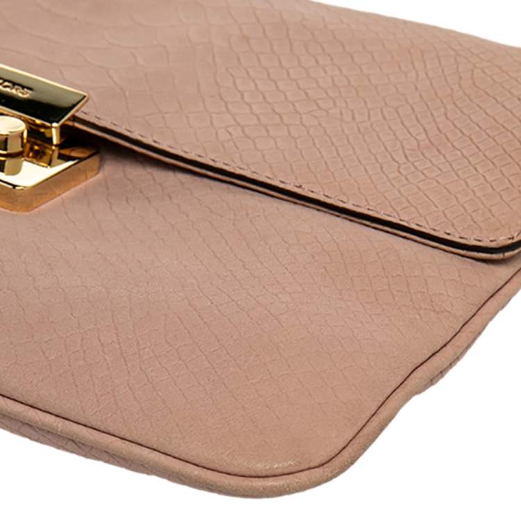 Pre Owned Michael Kors Pink Python Embossed Leather Pushlock Slim Flap Shoulder Bag