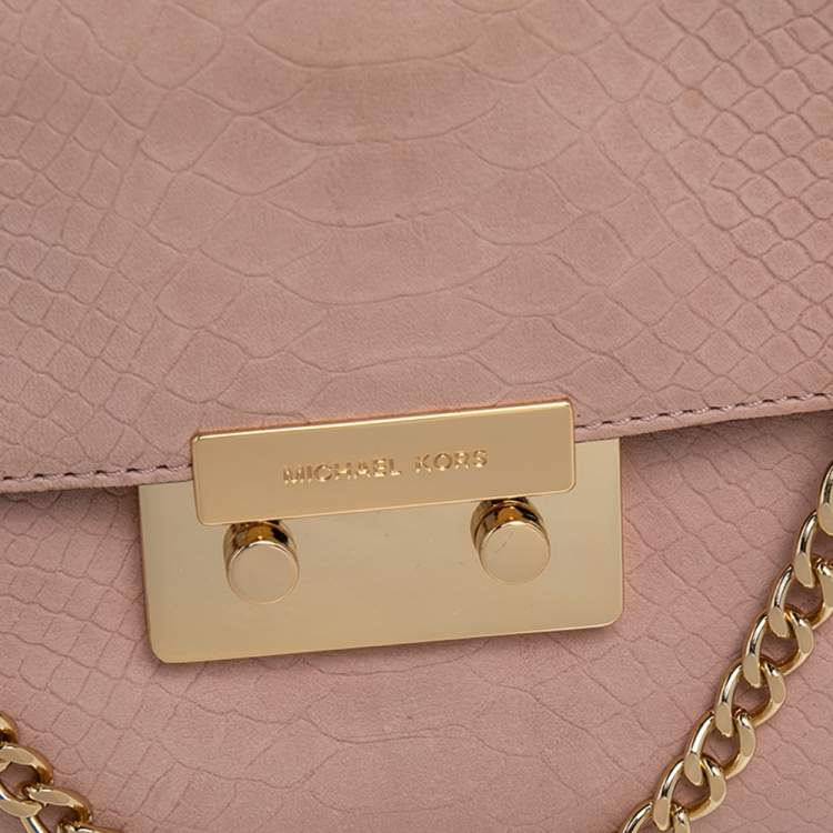 Pre Owned Michael Kors Pink Python Embossed Leather Pushlock Slim Flap Shoulder Bag