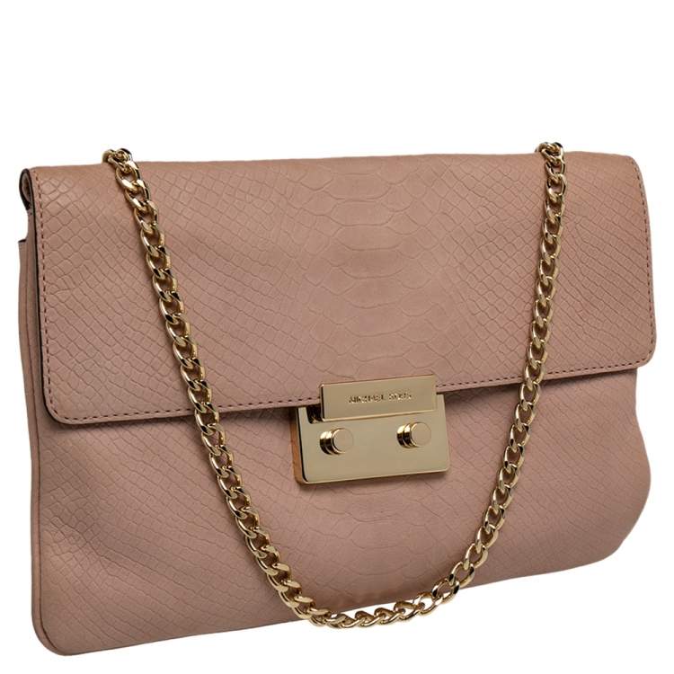 Pre Owned Michael Kors Pink Python Embossed Leather Pushlock Slim Flap Shoulder Bag