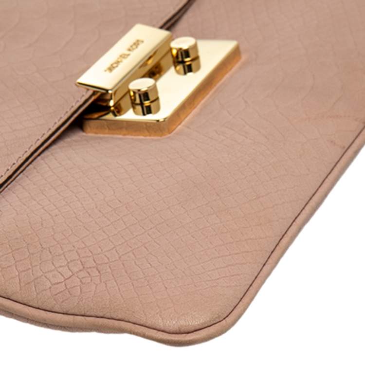 Pre Owned Michael Kors Pink Python Embossed Leather Pushlock Slim Flap Shoulder Bag