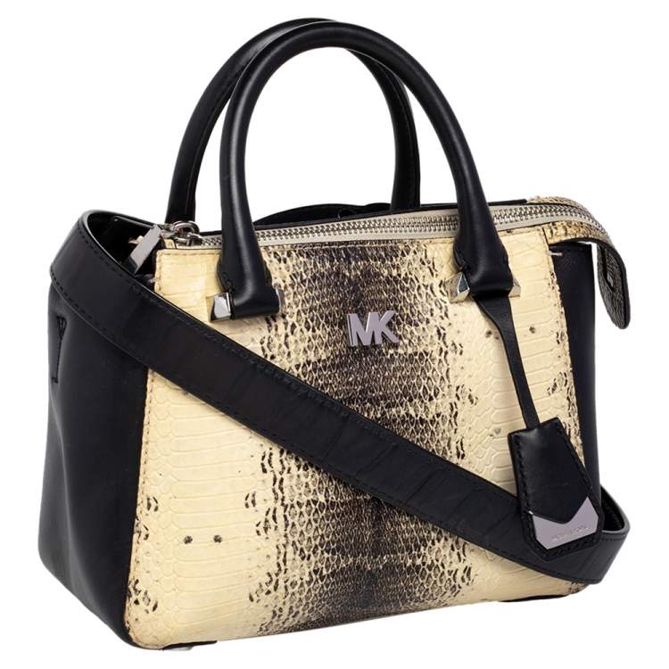 Pre Owned Michael Kors Beige/Black Python Embossed And Leather Satchel