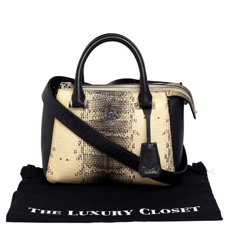 Pre Owned Michael Kors Beige/Black Python Embossed And Leather Satchel