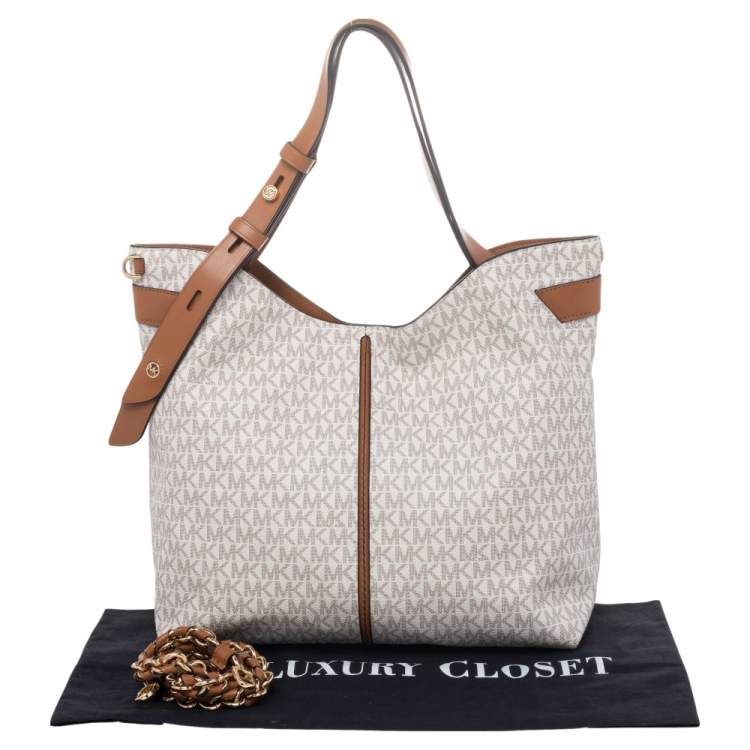 Pre Owned Michael Kors White/Brown Signature Canvas And Leather Large Downtown Astor Shoulder Bag