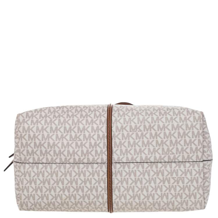 Pre Owned Michael Kors White/Brown Signature Canvas And Leather Large Downtown Astor Shoulder Bag