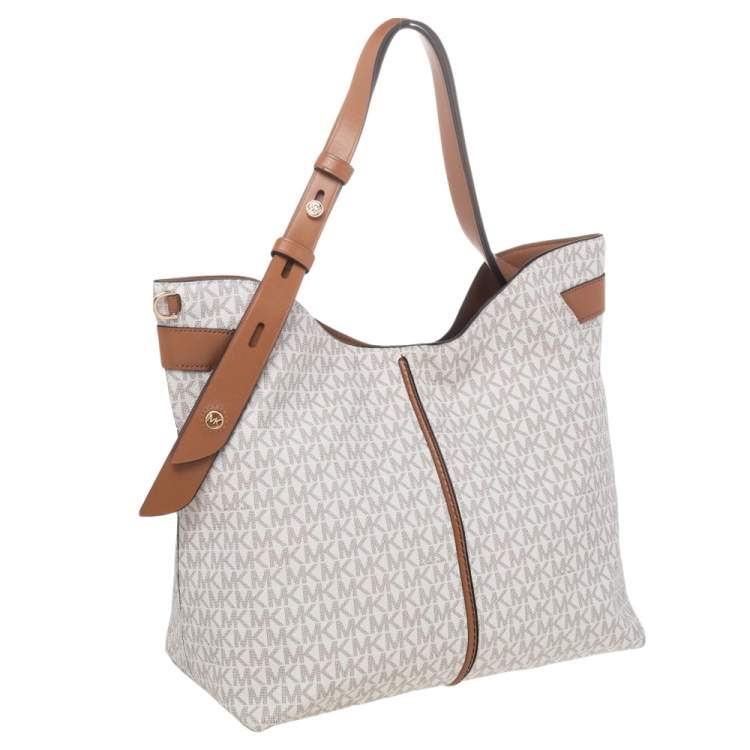 Pre Owned Michael Kors White/Brown Signature Canvas And Leather Large Downtown Astor Shoulder Bag