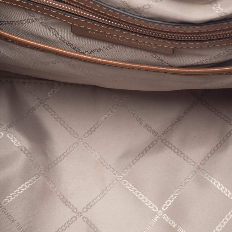 Pre Owned Michael Kors White/Brown Signature Canvas And Leather Large Downtown Astor Shoulder Bag