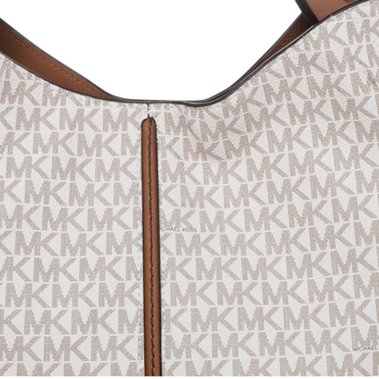 Pre Owned Michael Kors White/Brown Signature Canvas And Leather Large Downtown Astor Shoulder Bag