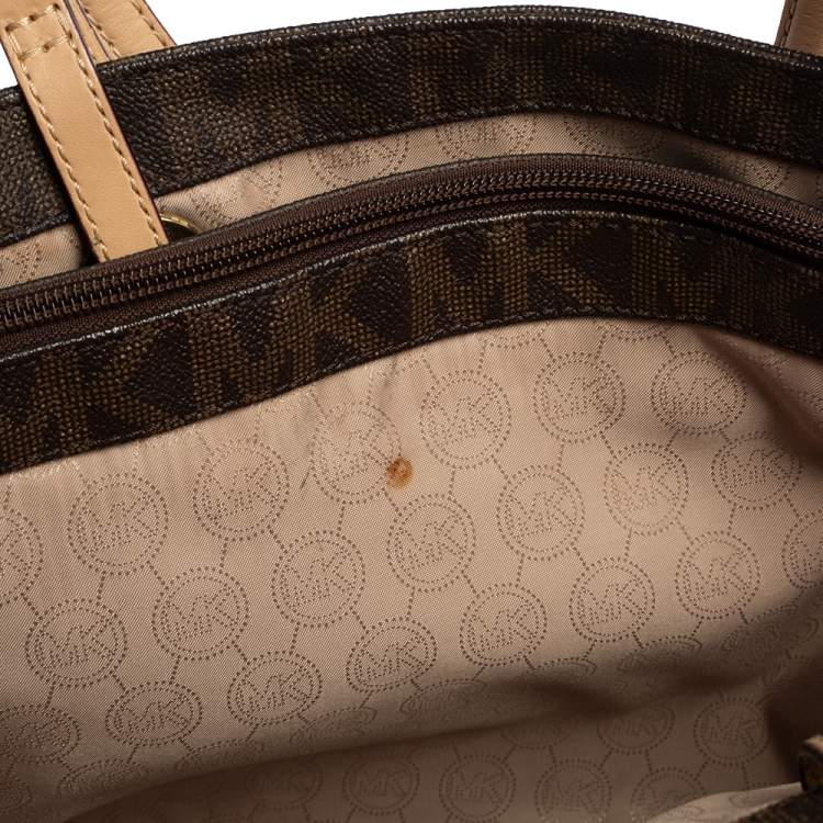 Pre Owned MICHAEL Michael Kors Brown Signature Coated Canvas And Leather Jet Set Tote
