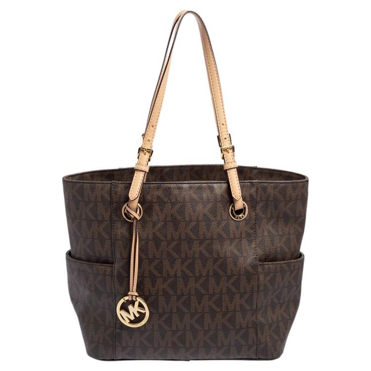 Michael Kors Brown/Tan Signature Coated Canvas and Leather Kenly Shopper  Tote Michael Kors | The Luxury Closet