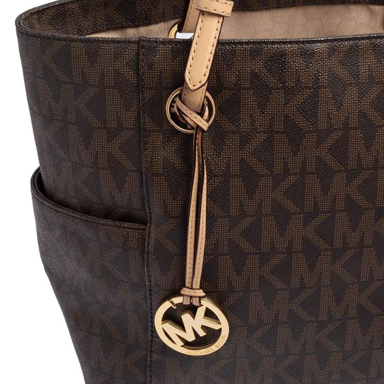 Pre Owned MICHAEL Michael Kors Brown Signature Coated Canvas And Leather Jet Set Tote