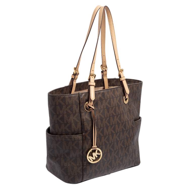 Pre Owned MICHAEL Michael Kors Brown Signature Coated Canvas And Leather Jet Set Tote