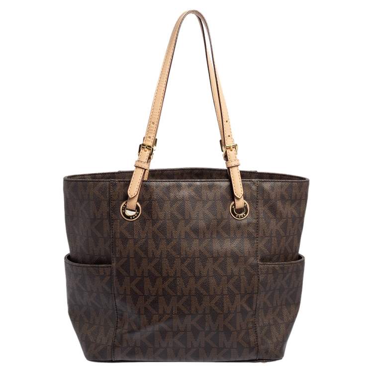 Pre Owned MICHAEL Michael Kors Brown Signature Coated Canvas And Leather Jet Set Tote