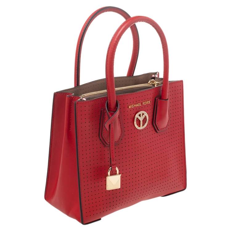 Pre Owned Michael Kors Red Perforated Leather Mini Mercer Tote
