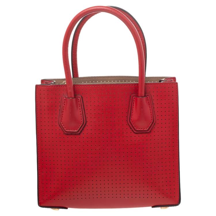 Pre Owned Michael Kors Red Perforated Leather Mini Mercer Tote