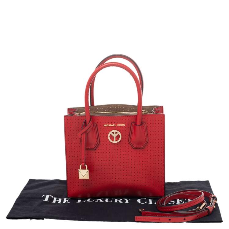 Pre Owned Michael Kors Red Perforated Leather Mini Mercer Tote