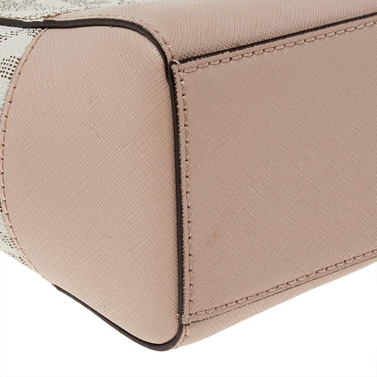 Pre Owned Michael Kors White/Pink Monogram Coated Canvas And Leather Kellen XS Satchel