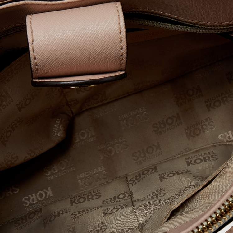 Pre Owned Michael Kors White/Pink Monogram Coated Canvas And Leather Kellen XS Satchel